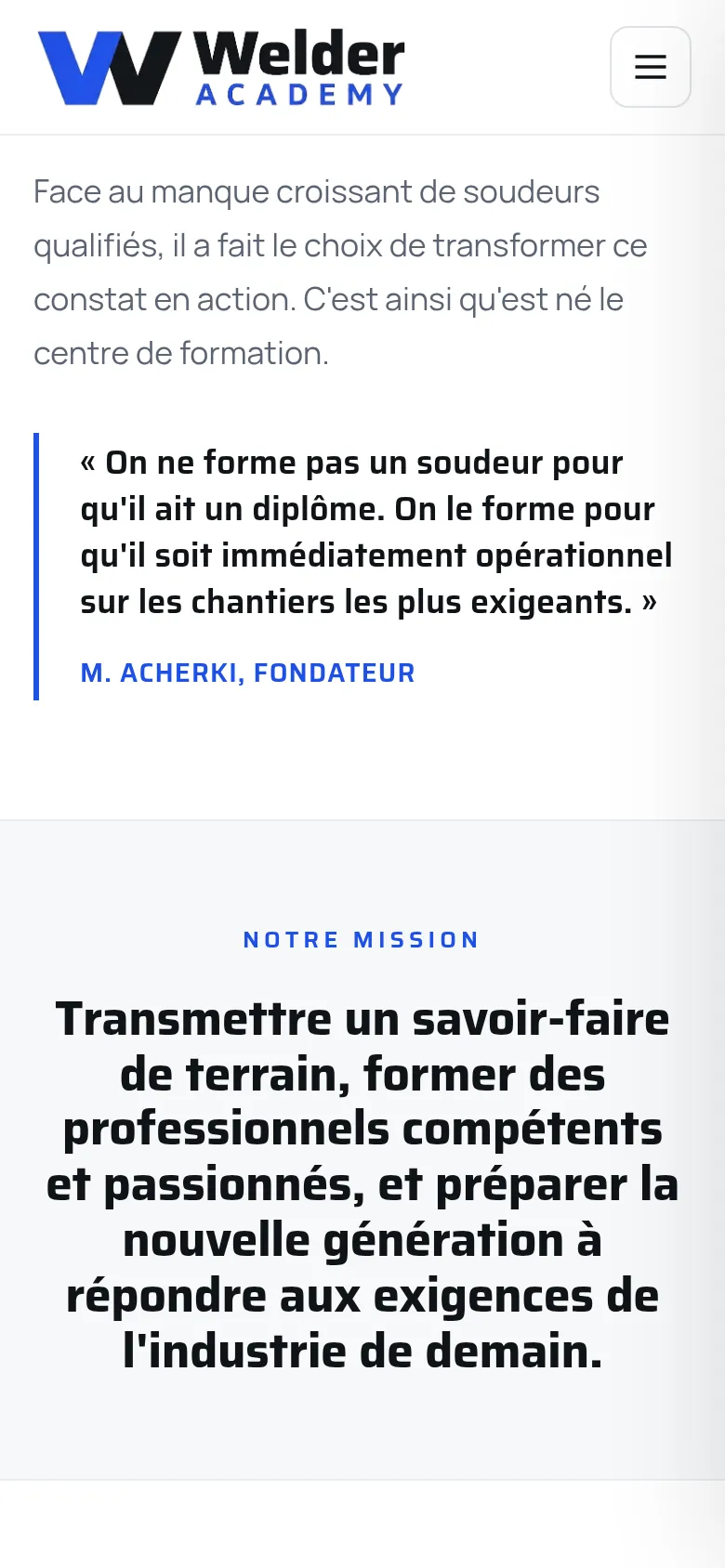 Section « L’histoire du fondateur » de la page « À propos » du site de Welder Academy, sur téléphone.