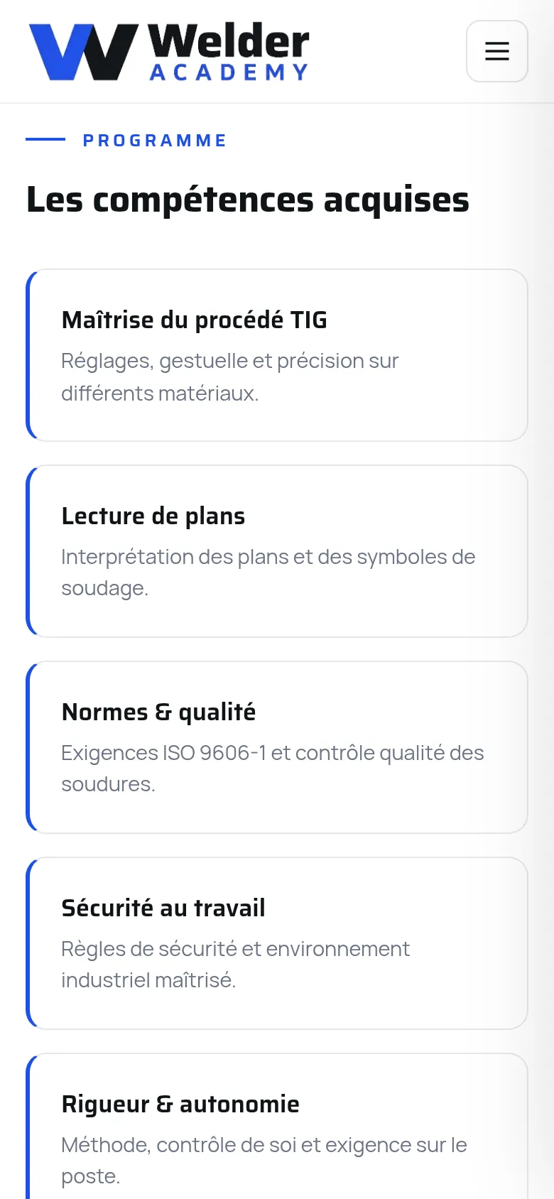 Section « Les compétences acquises » de la page « Formation » du site de Welder Academy, sur téléphone.