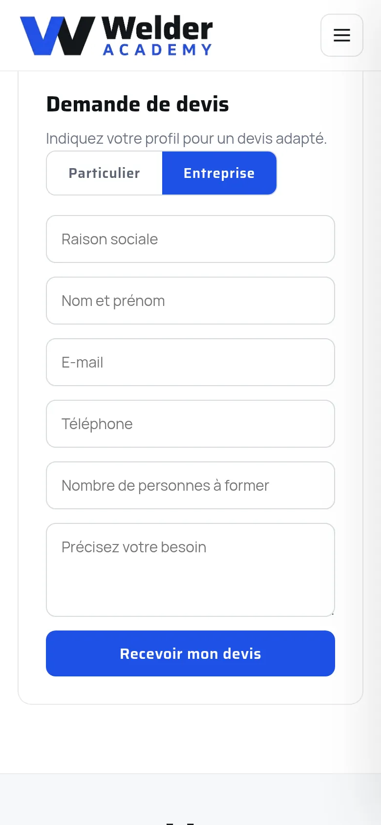 Section « Demande de devis » de la page « Contact » du site de Welder Academy, sur téléphone.