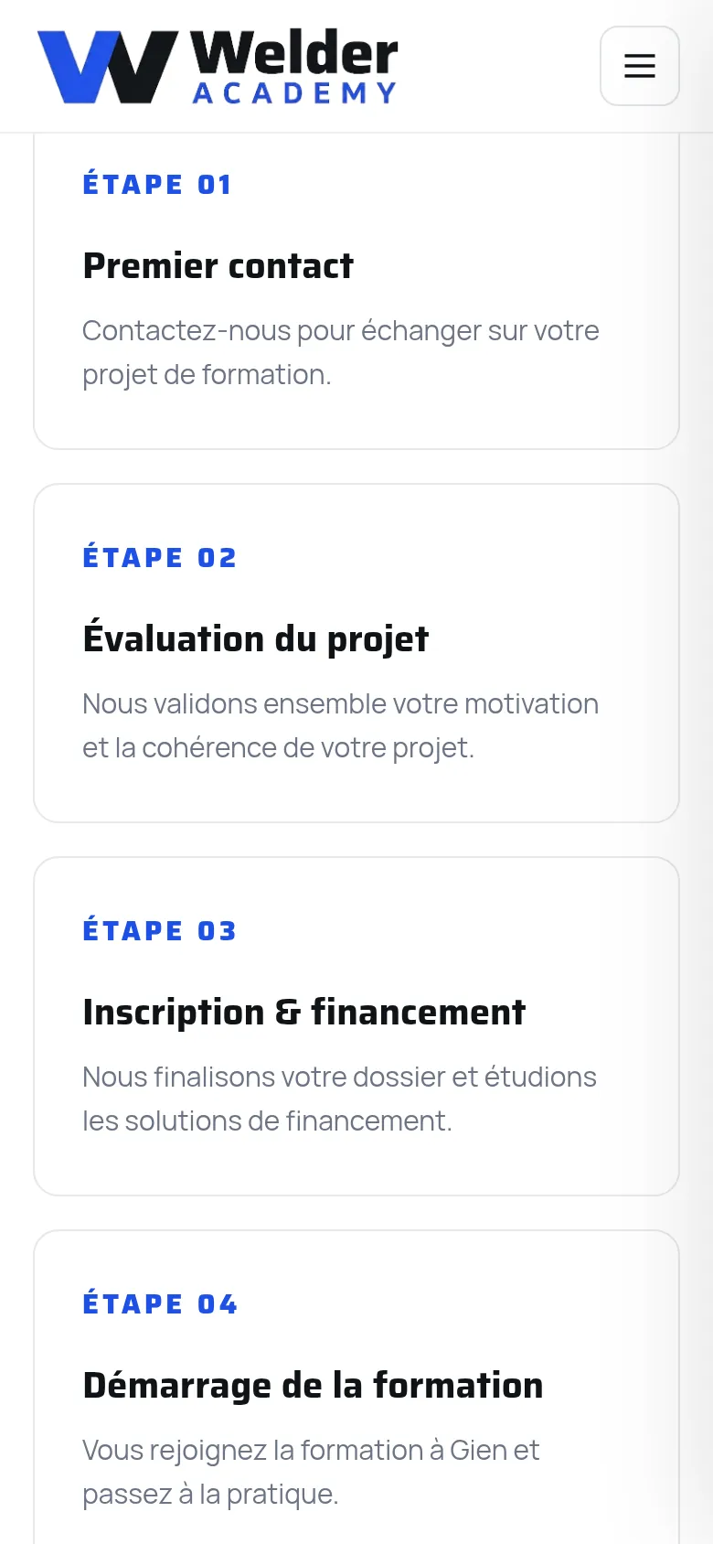 Section « Les quatre étapes » de la page « Inscription » du site de Welder Academy, sur téléphone.