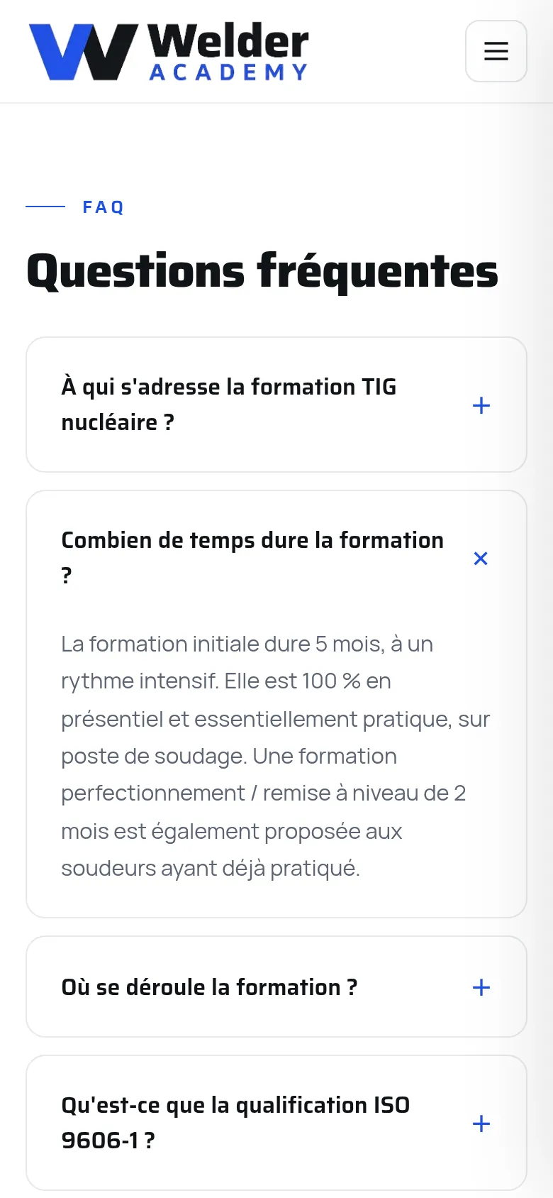 Page « FAQ » du site de Welder Academy, sur téléphone.