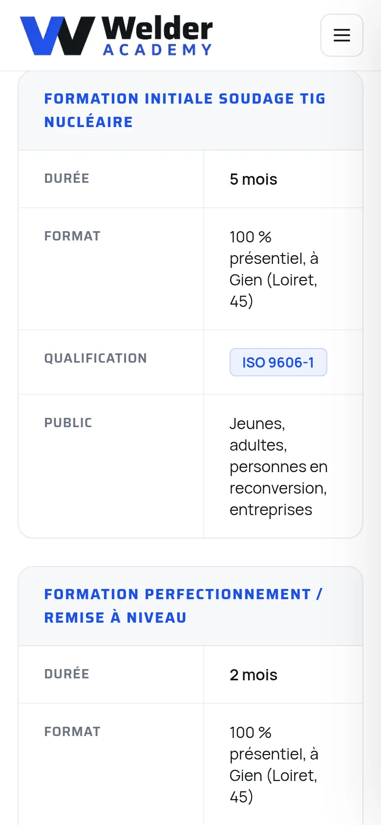 Section « Formation initiale » de la page « Formation » du site de Welder Academy, sur téléphone.