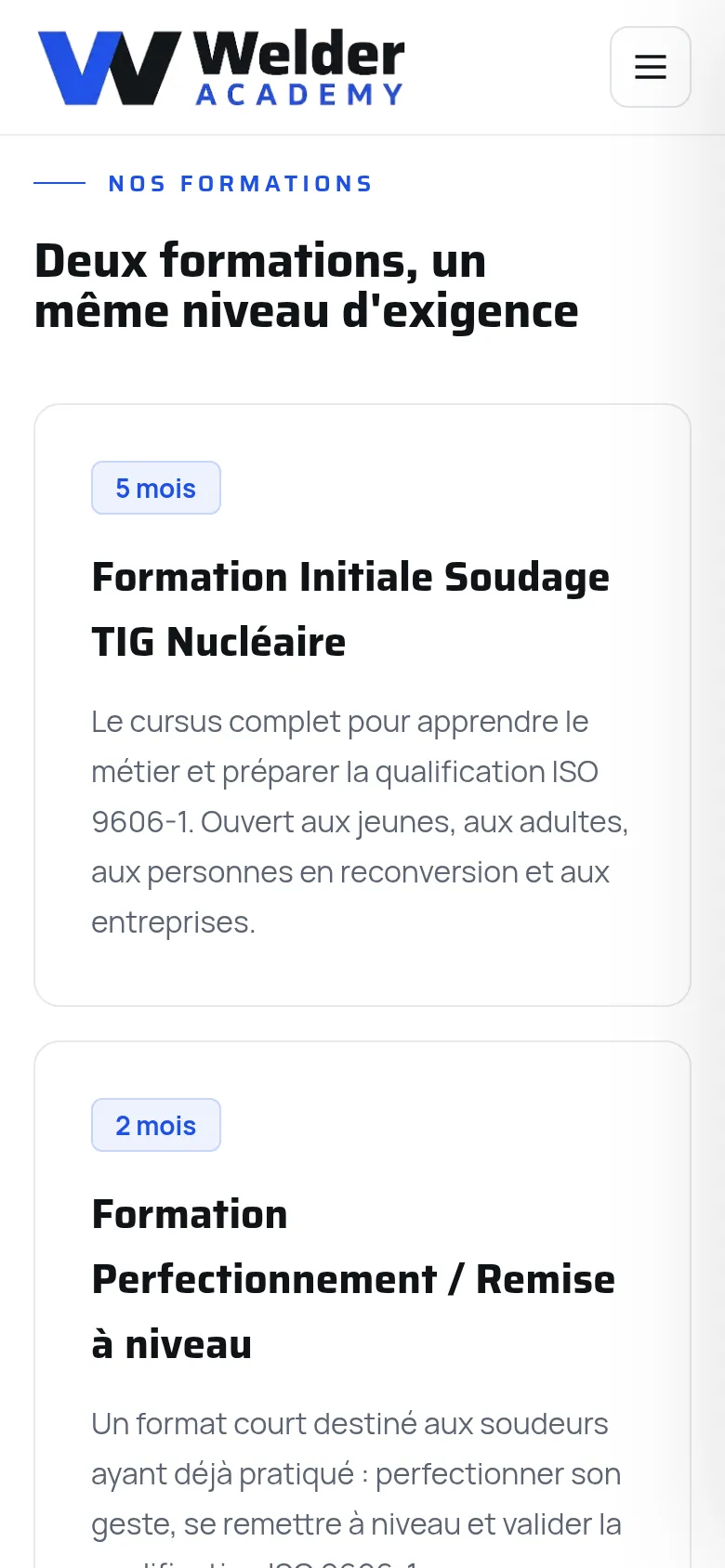 Section « Nos formations » de l’accueil du site de Welder Academy, sur téléphone.
