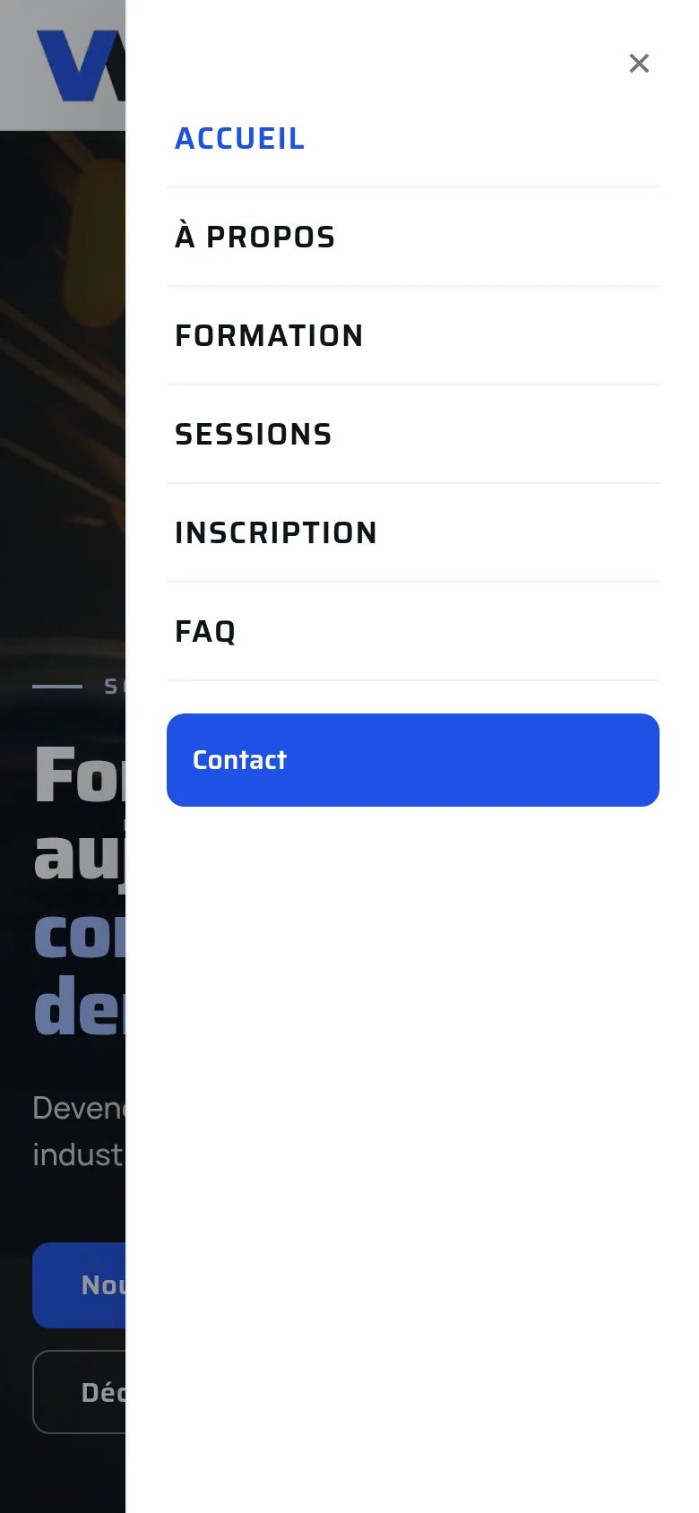 Menu ouvert du site de Welder Academy, sur téléphone.
