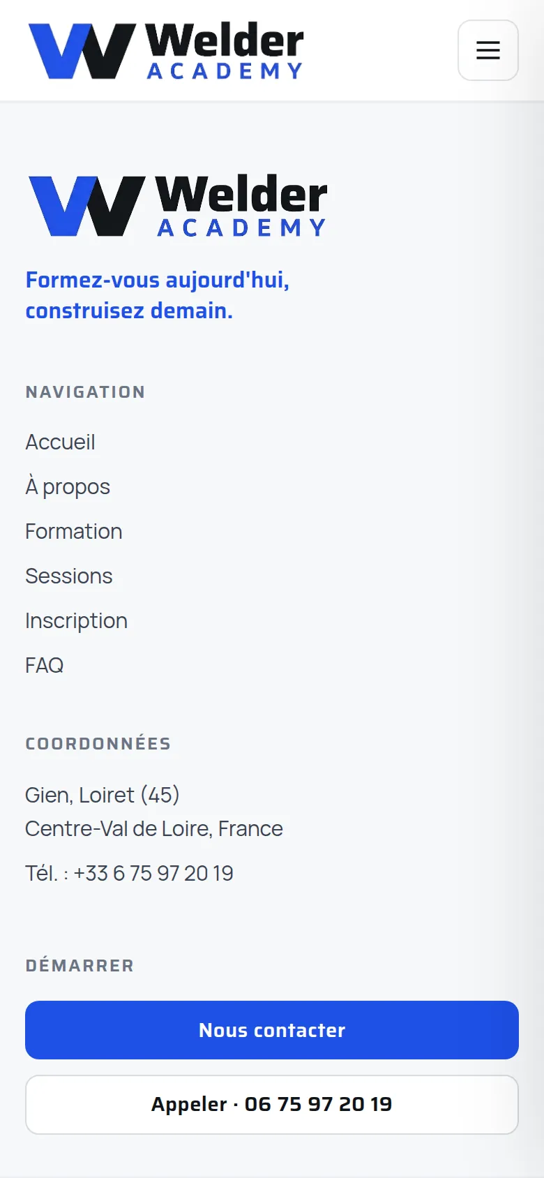 Section « Pied de page » de l’accueil du site de Welder Academy, sur téléphone.