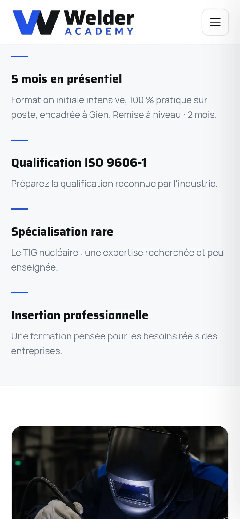 Section « Les points clés » de l’accueil du site de Welder Academy, sur téléphone.
