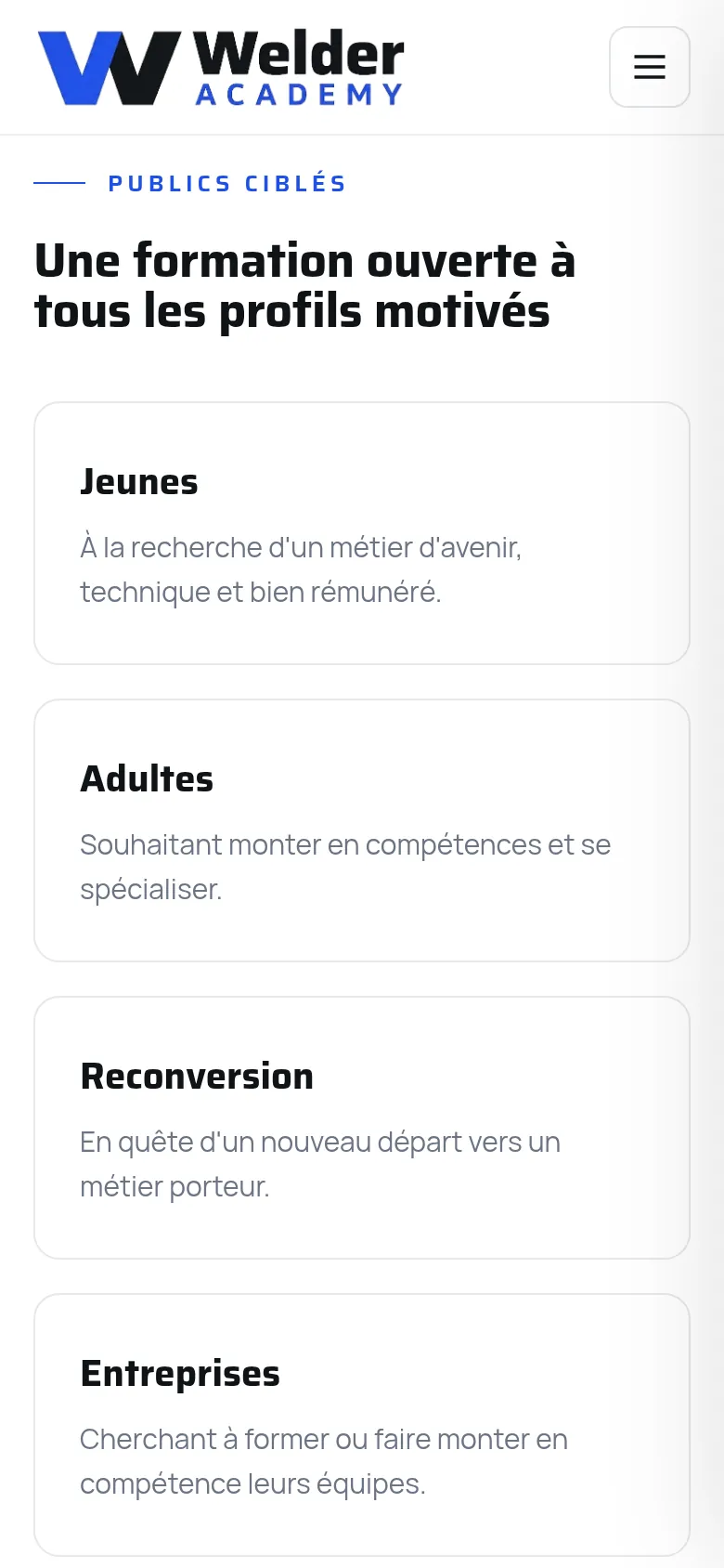 Section « Publics ciblés » de la page « À propos » du site de Welder Academy, sur téléphone.