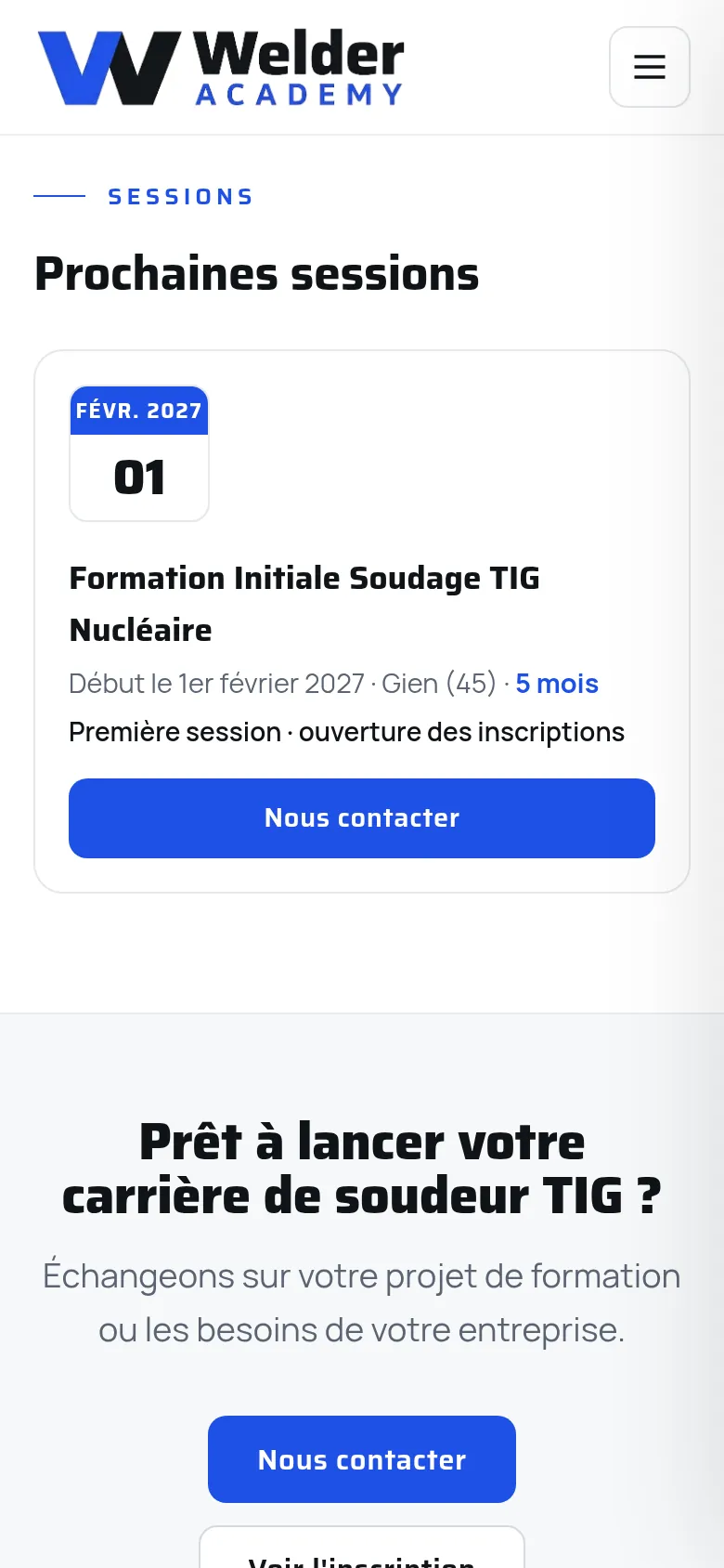 Section « Prochaines sessions » de l’accueil du site de Welder Academy, sur téléphone.