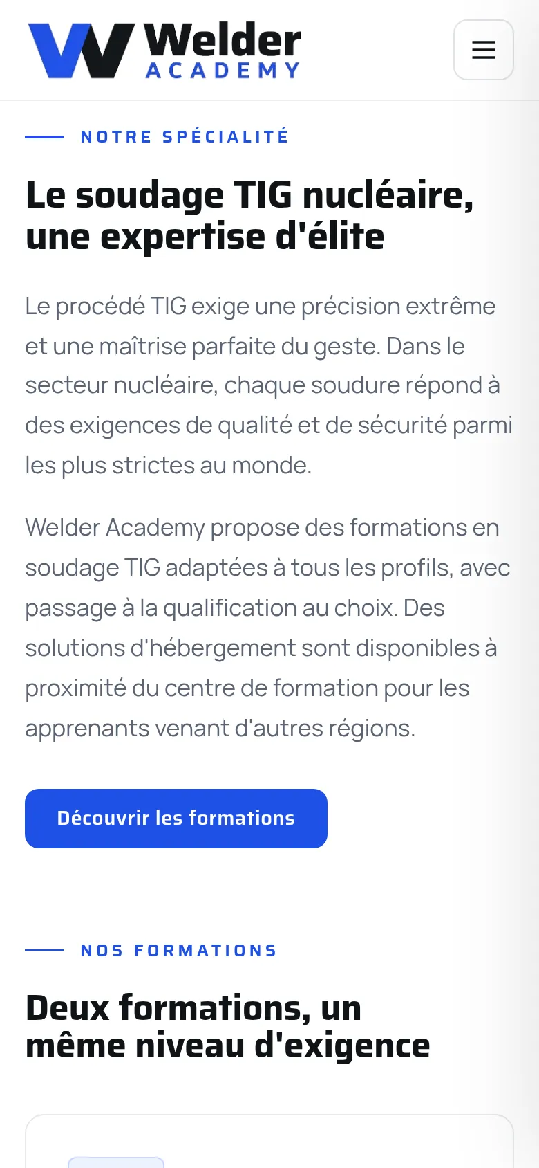 Section « Notre spécialité » de l’accueil du site de Welder Academy, sur téléphone.