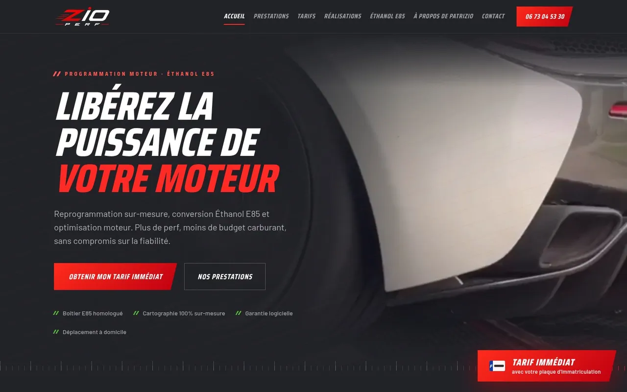 Section « Le premier écran » de l’accueil du site de ZIO PERF, sur ordinateur.