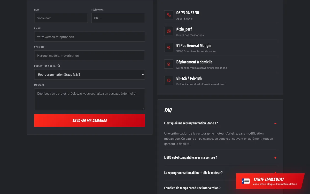 Section « Une demande structurée » de la page « Contact » du site de ZIO PERF, sur ordinateur.