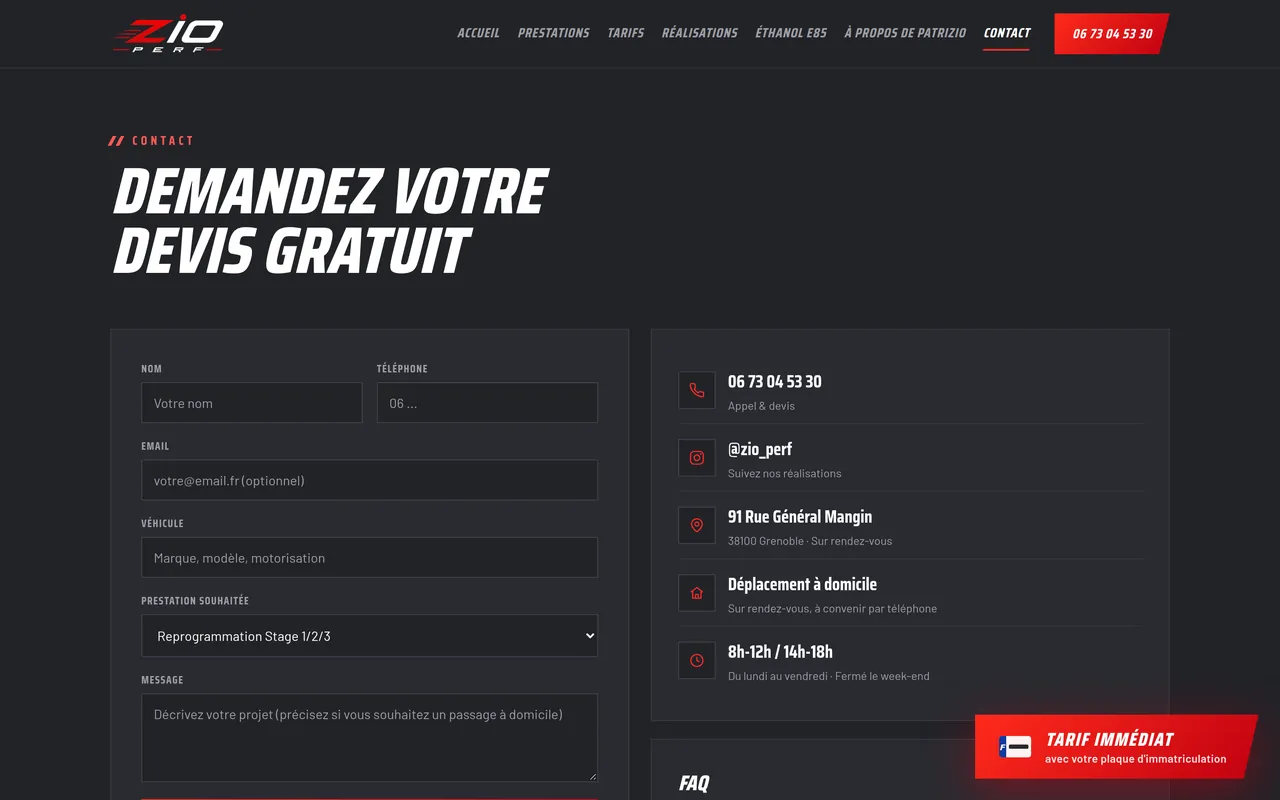 La vue « Contact » du site de ZIO PERF, sur ordinateur.