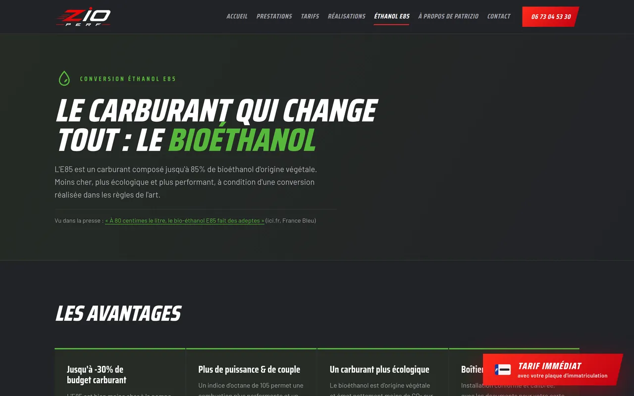 La vue « Éthanol E85 » du site de ZIO PERF, sur ordinateur.