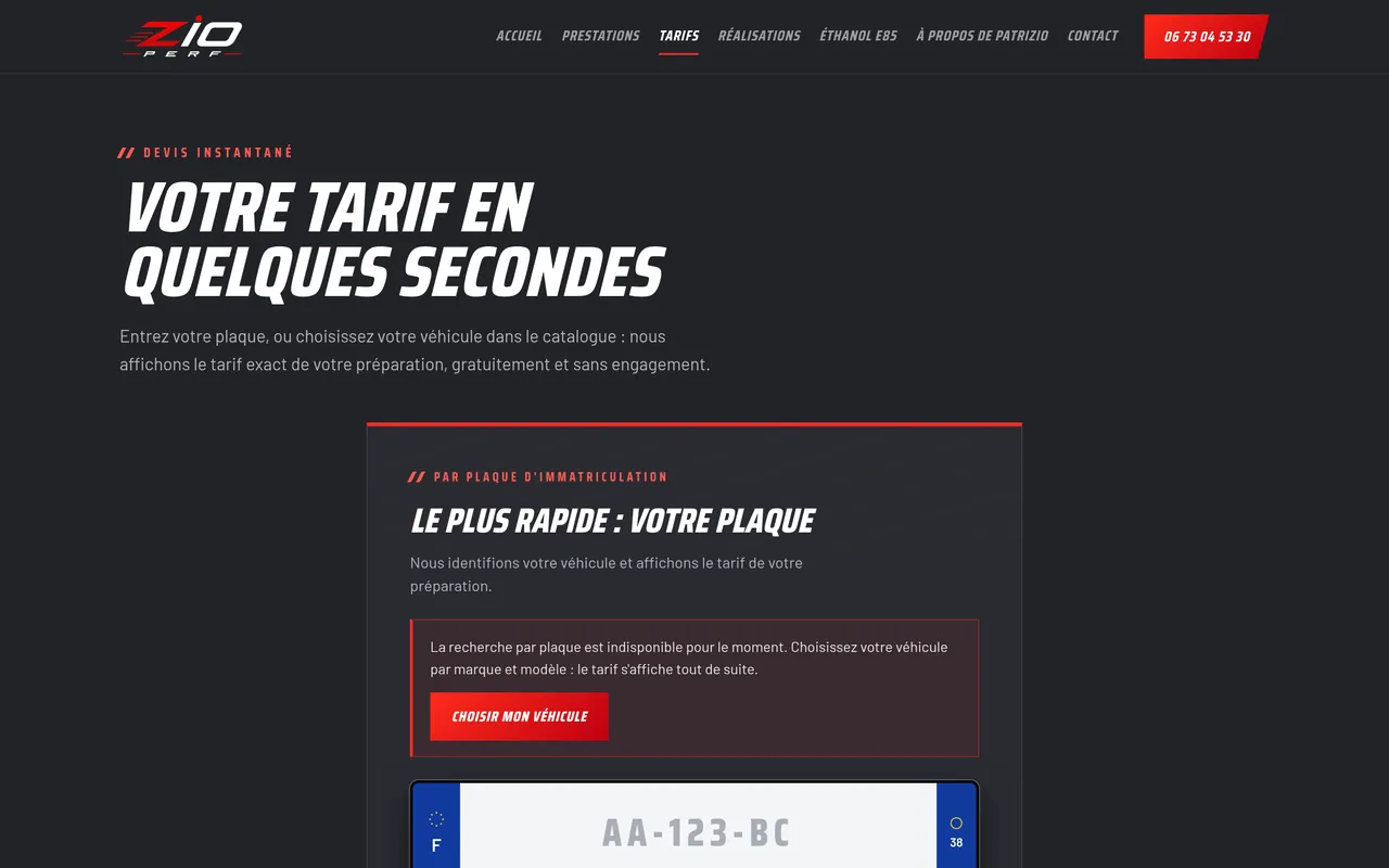 La vue « Tarifs » du site de ZIO PERF, sur ordinateur.