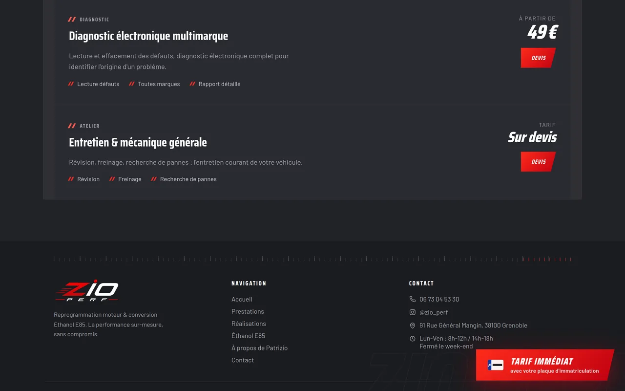 Section « Le diagnostic et l’entretien » de la page « Prestations » du site de ZIO PERF, sur ordinateur.
