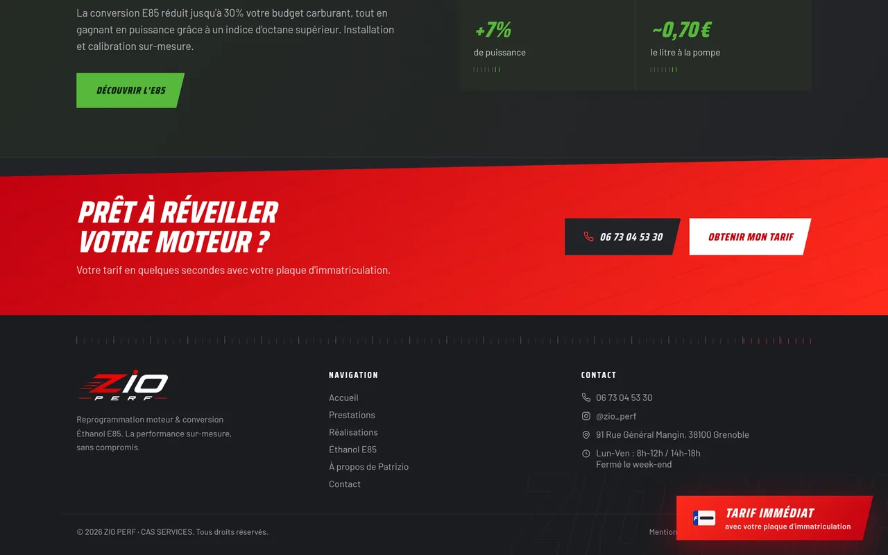 Section « Prêt à réveiller votre moteur ? » de l’accueil du site de ZIO PERF, sur ordinateur.