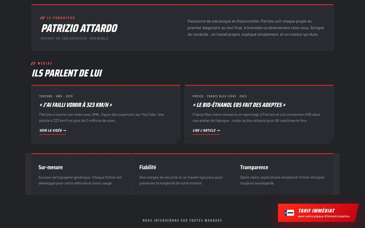 Section « Le visage derrière l’atelier » de la page « À propos » du site de ZIO PERF, sur ordinateur.