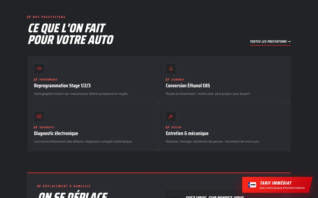 Section « Ce que l’on fait pour votre auto » de l’accueil du site de ZIO PERF, sur ordinateur.