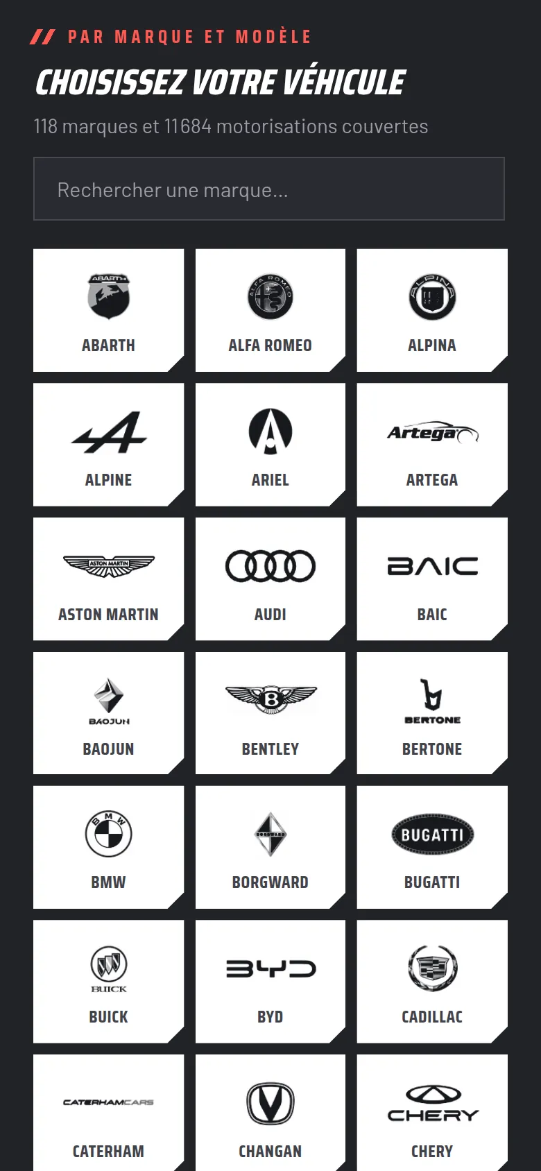 Section « Toutes les marques » de la page « Tarifs » du site de ZIO PERF, sur téléphone.