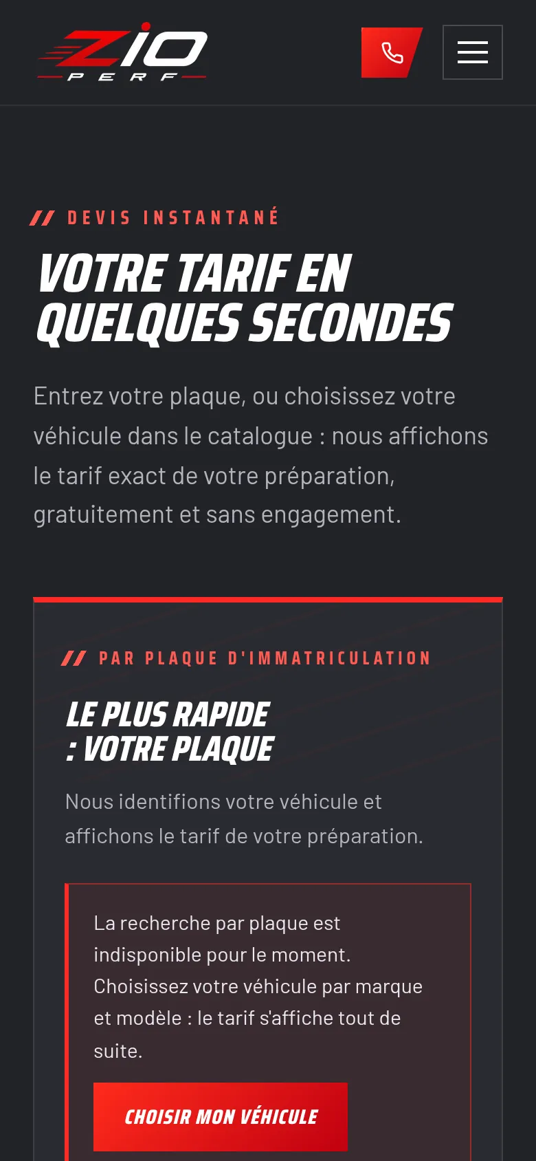 La vue « Tarifs » du site de ZIO PERF, sur téléphone.