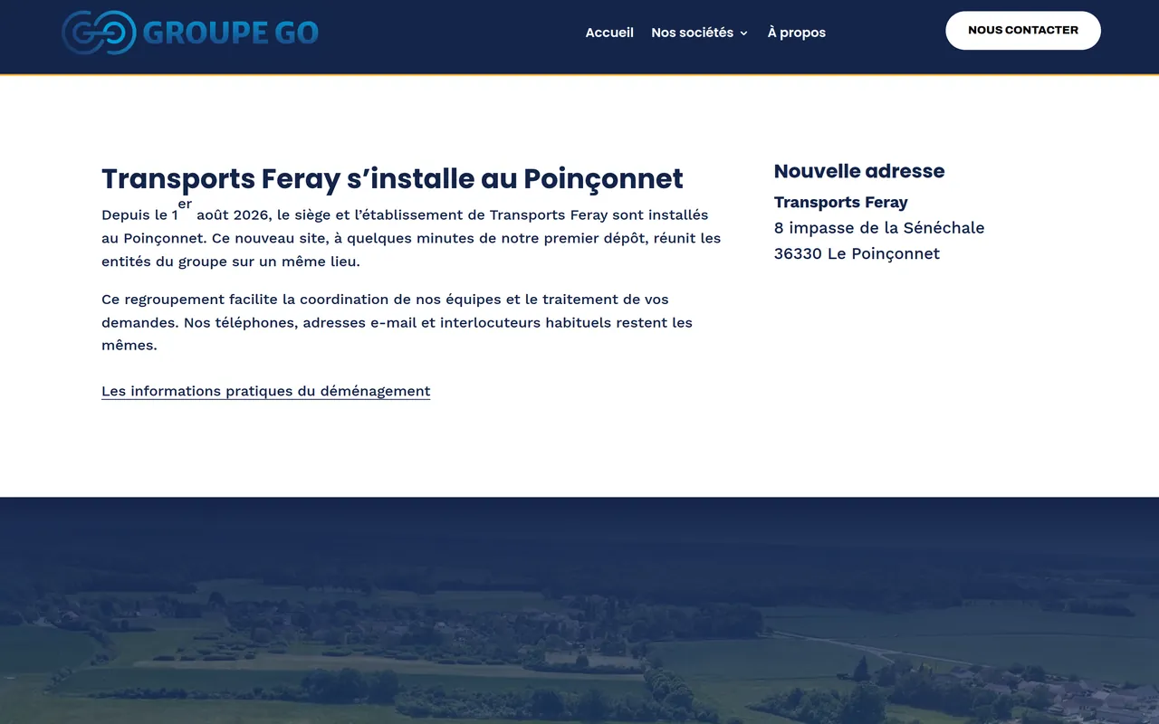 Section « Transports Feray s’installe au Poinçonnet » de l’accueil du site de Groupe Go, sur ordinateur.