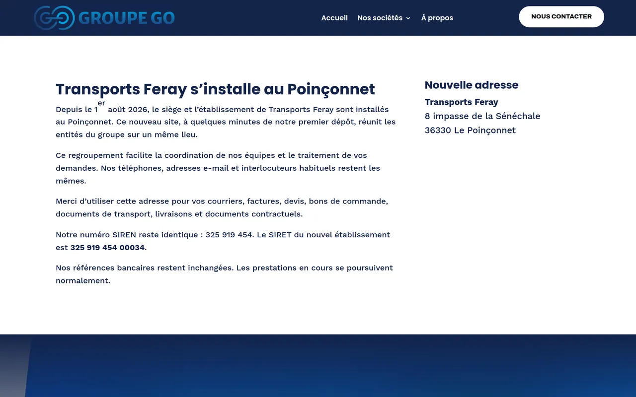Section « Les informations pratiques » de la page « Transports Feray » du site de Groupe Go, sur ordinateur.