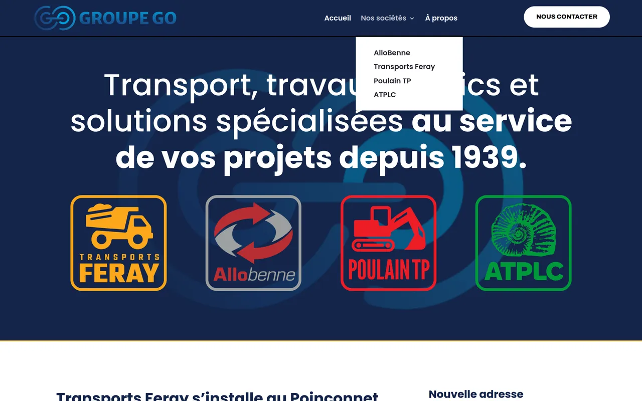 Section « Nos sociétés » de l’accueil du site de Groupe Go, sur ordinateur.