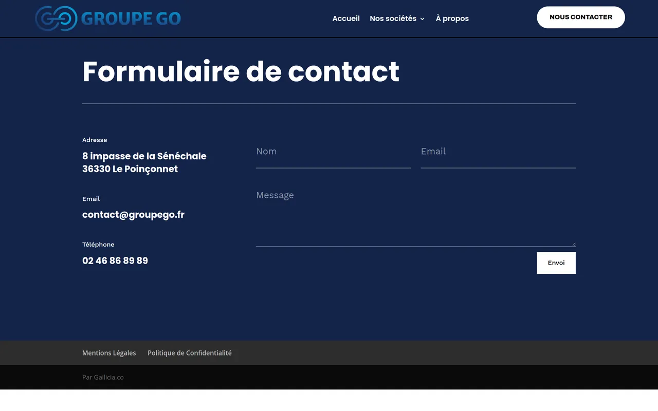 Page « Contact » du site de Groupe Go, sur ordinateur.