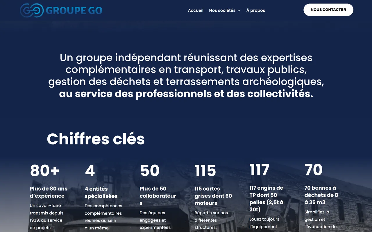 Section « Le groupe et ses chiffres clés » de l’accueil du site de Groupe Go, sur ordinateur.