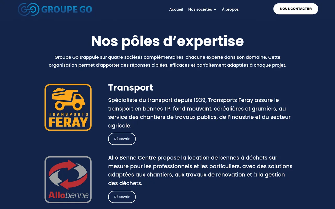 Section « Nos pôles d’expertise » de l’accueil du site de Groupe Go, sur ordinateur.