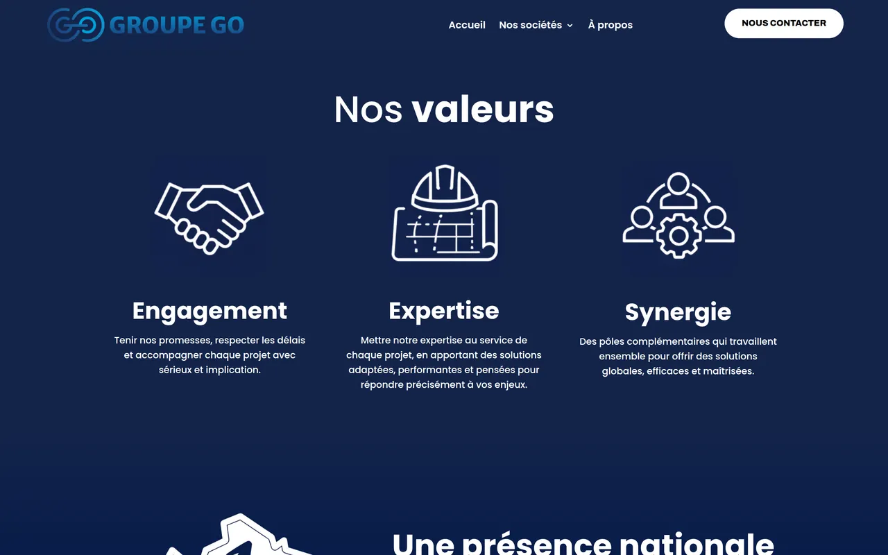 Section « Nos valeurs » de l’accueil du site de Groupe Go, sur ordinateur.