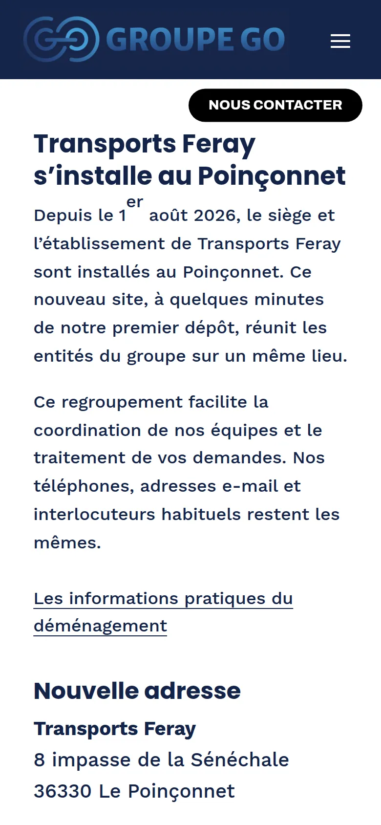 Section « Le déménagement de Feray » de l’accueil du site de Groupe Go, sur téléphone.