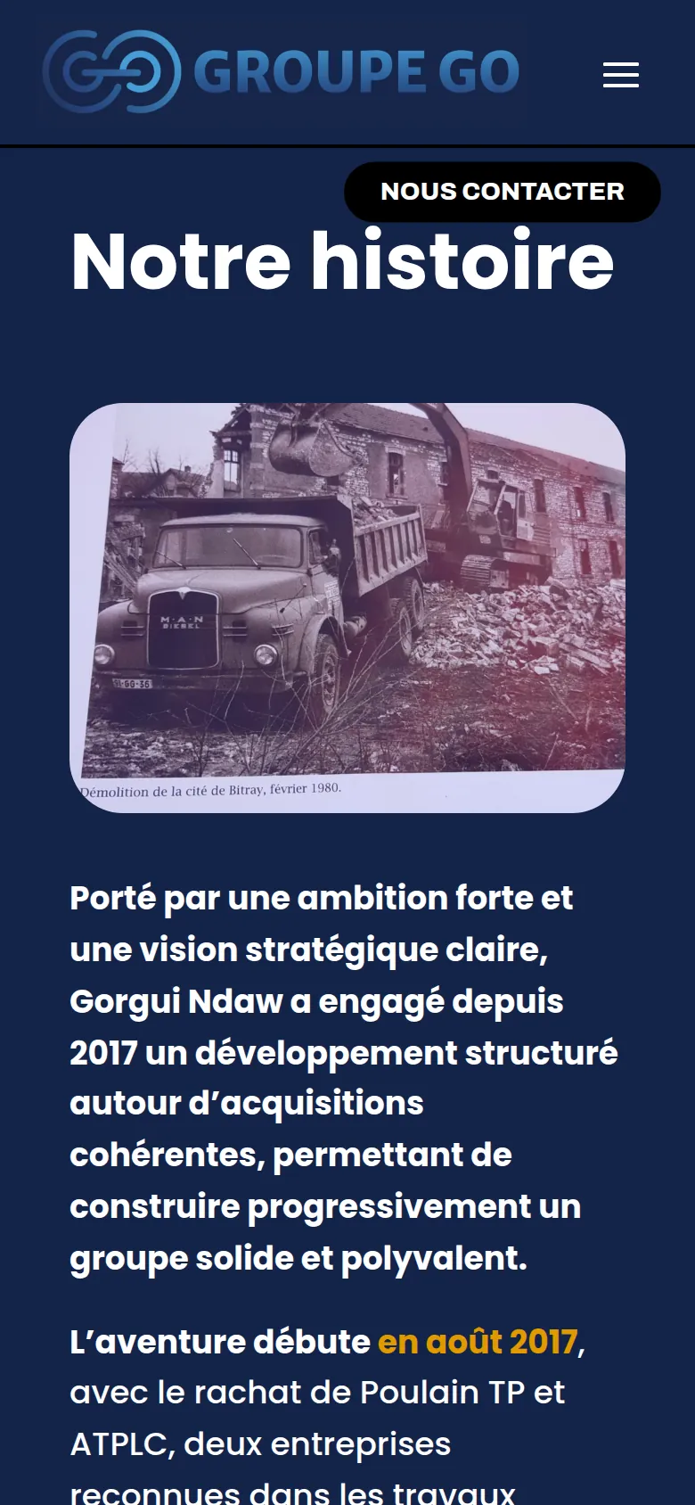 Page « À propos » du site de Groupe Go, sur téléphone.
