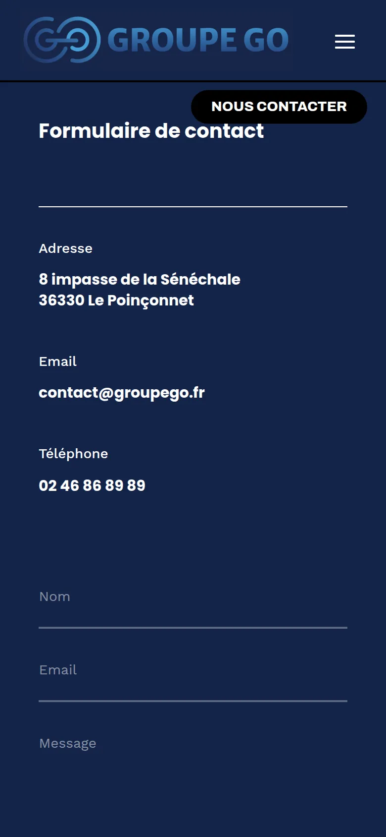 Page « Contact » du site de Groupe Go, sur téléphone.
