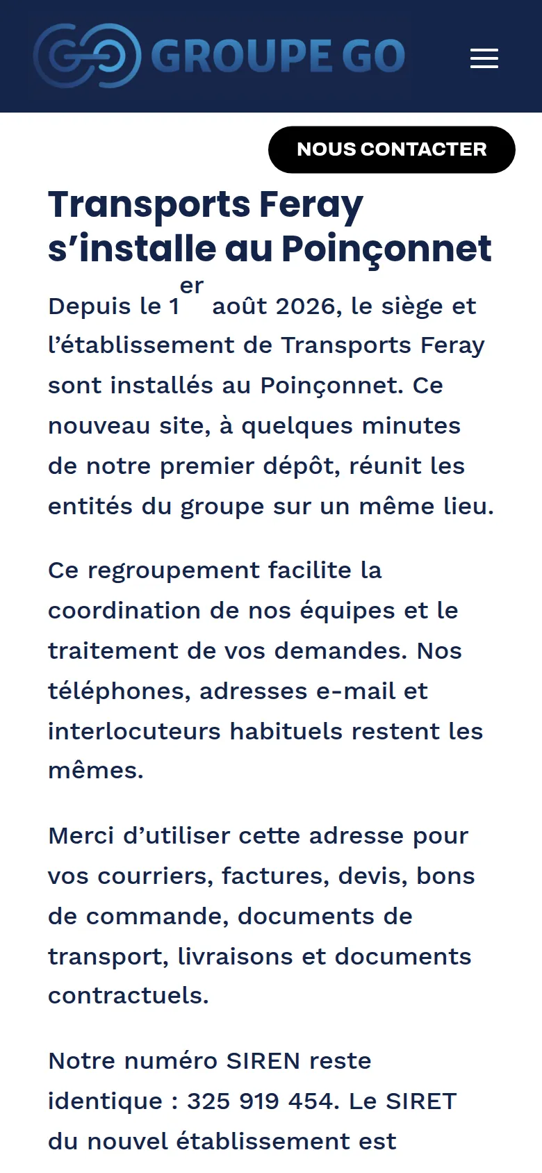 Section « Les informations pratiques » de la page « Transports Feray » du site de Groupe Go, sur téléphone.