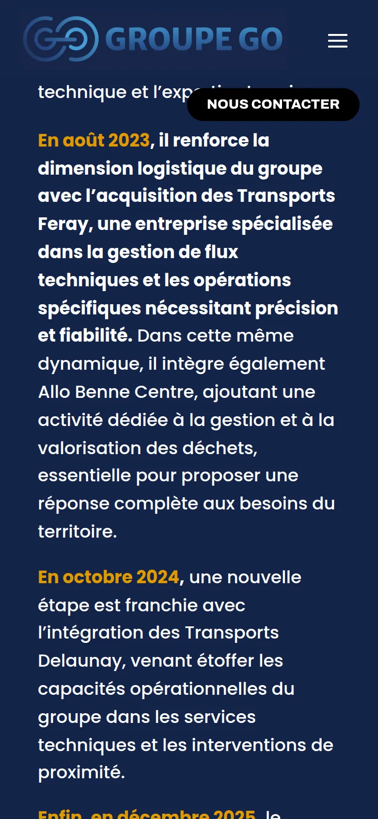 Section « Notre histoire, la suite » de la page « À propos » du site de Groupe Go, sur téléphone.