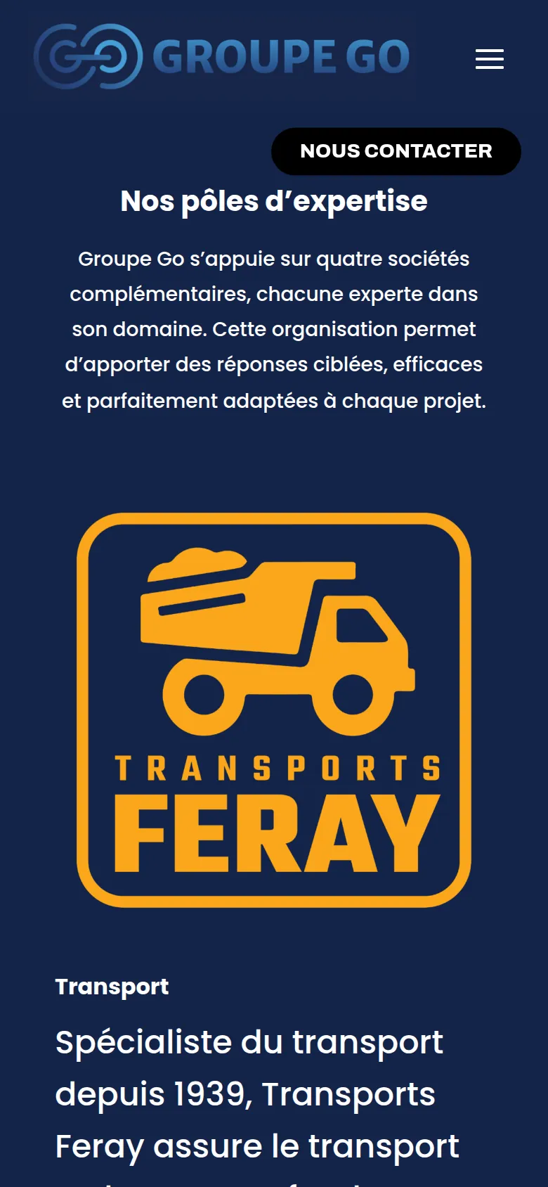 Section « Nos pôles d’expertise » de l’accueil du site de Groupe Go, sur téléphone.