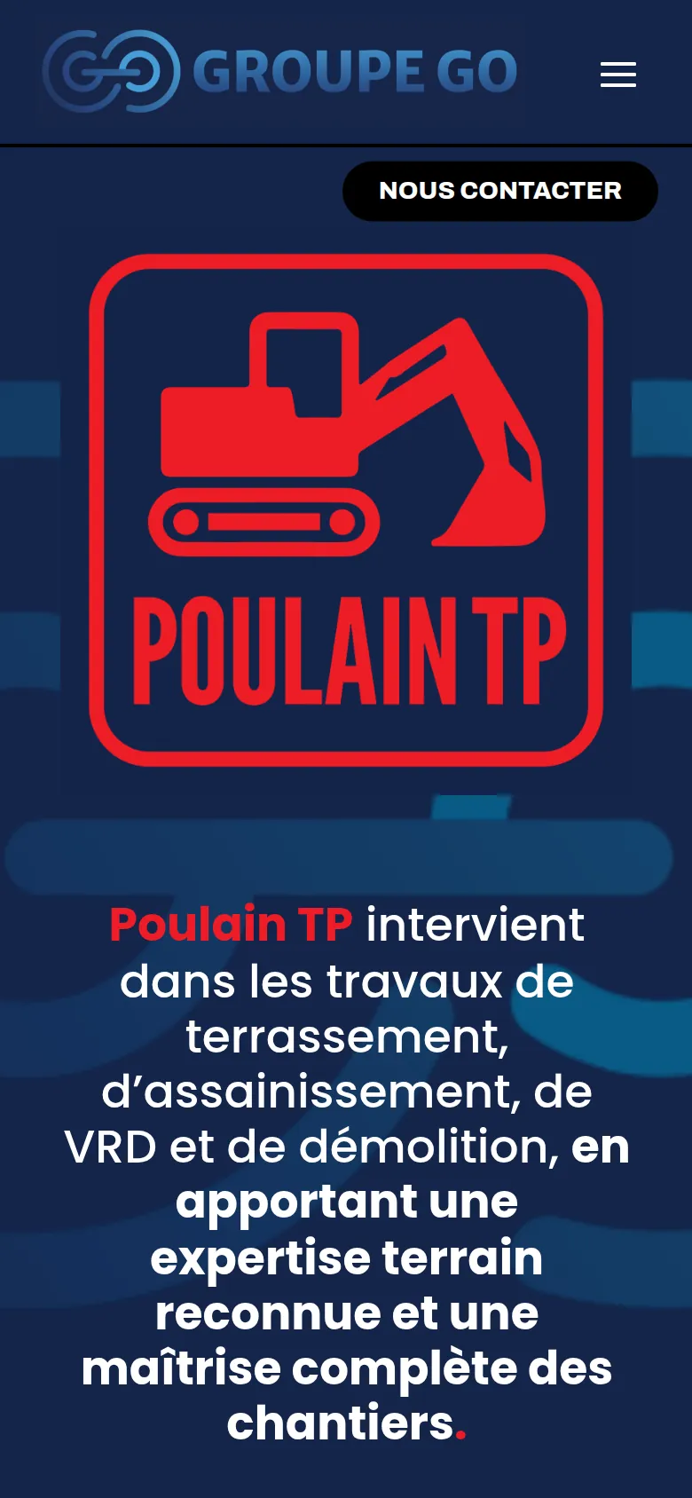Page « Poulain TP » du site de Groupe Go, sur téléphone.