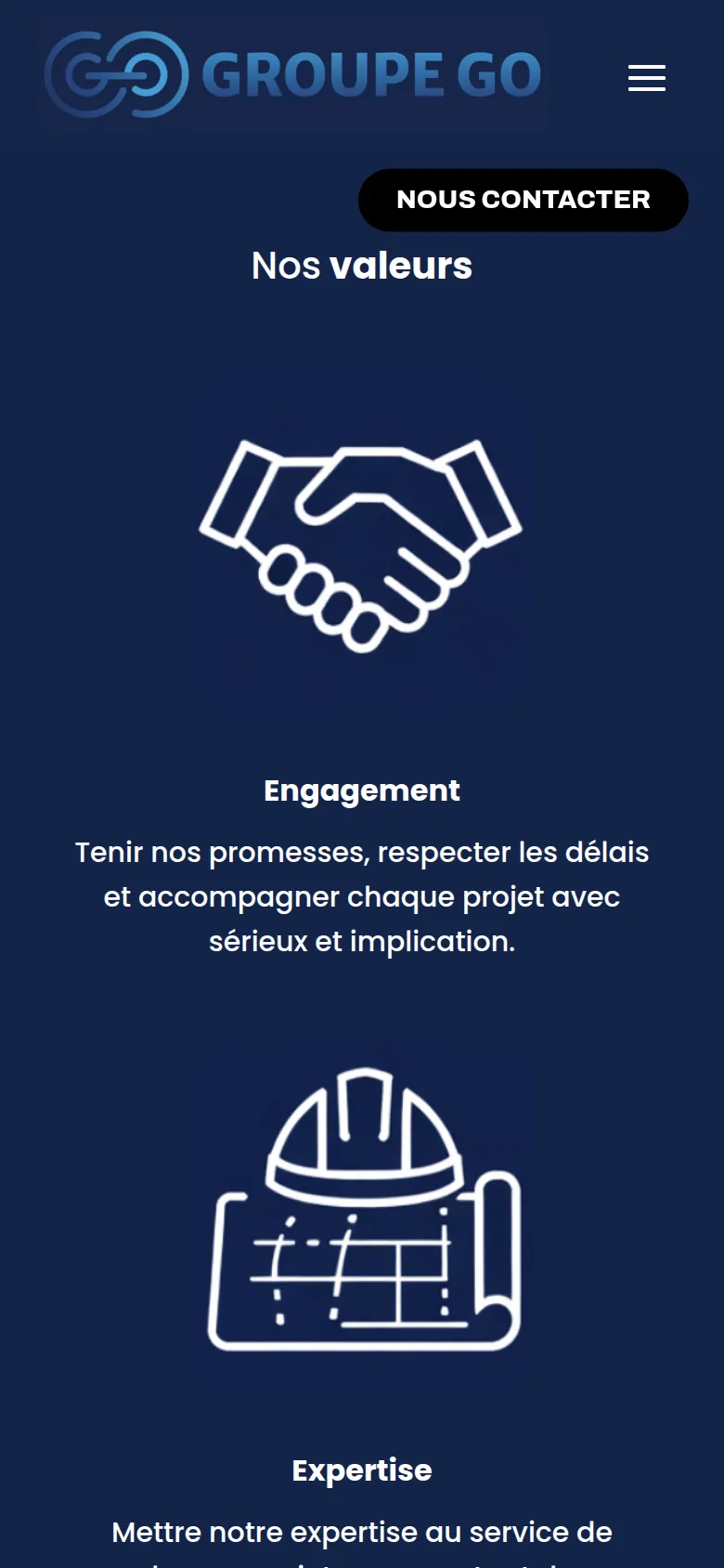 Section « Nos valeurs » de l’accueil du site de Groupe Go, sur téléphone.
