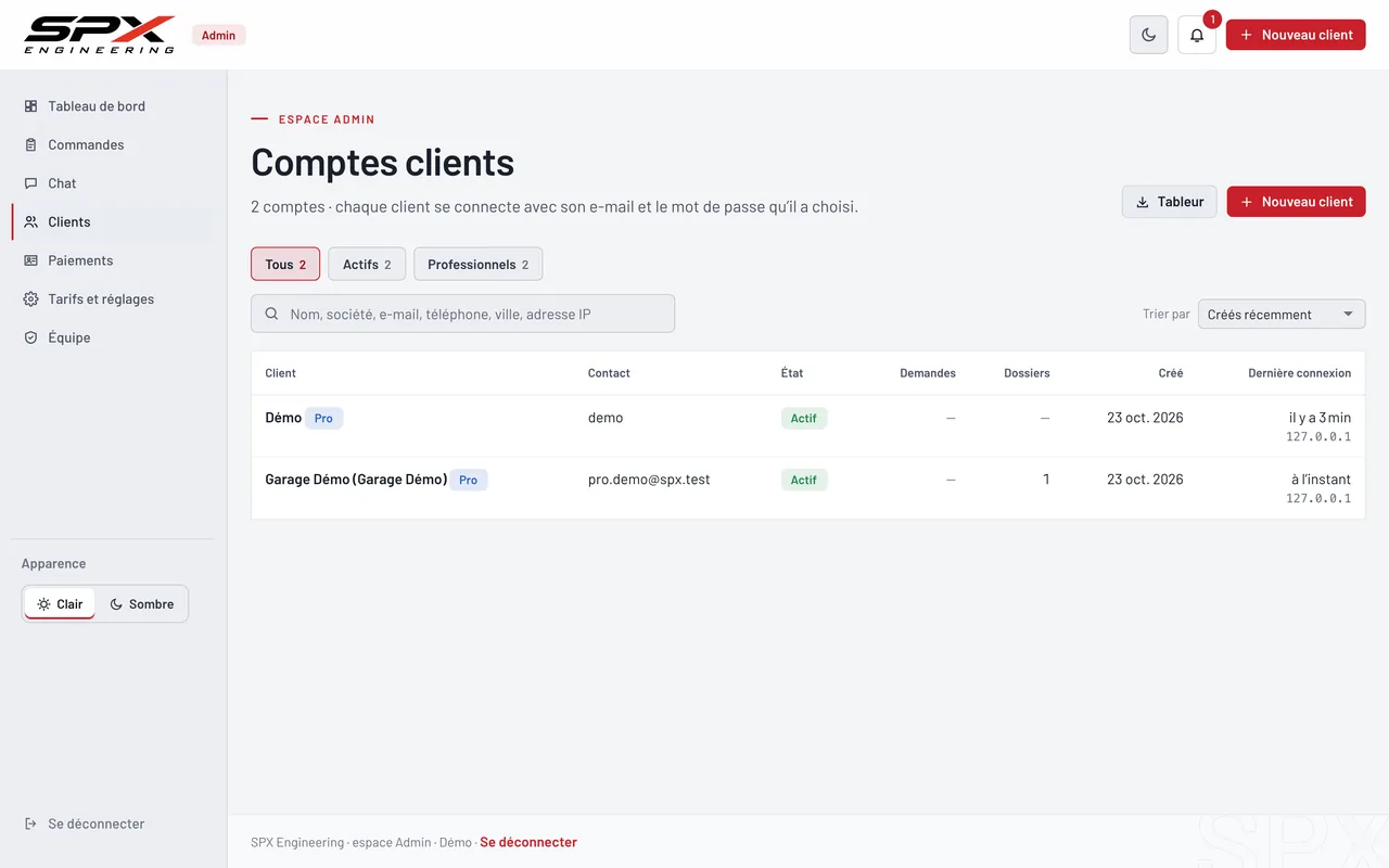 Écran « Les clients » du logiciel SPX Engineering, sur ordinateur.