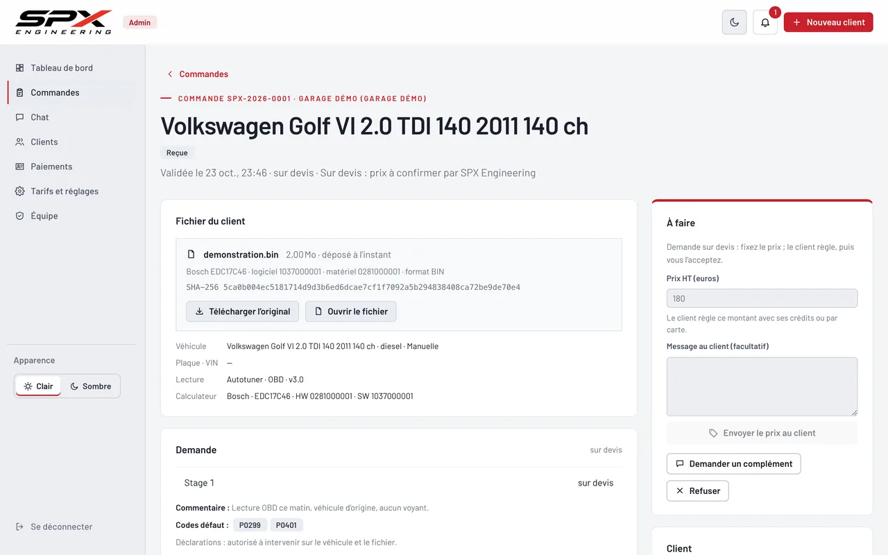 Écran « Une commande » du logiciel SPX Engineering, sur ordinateur.