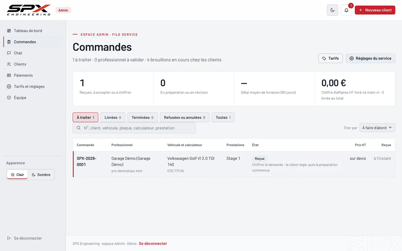 Écran « La file des commandes » du logiciel SPX Engineering, sur ordinateur.