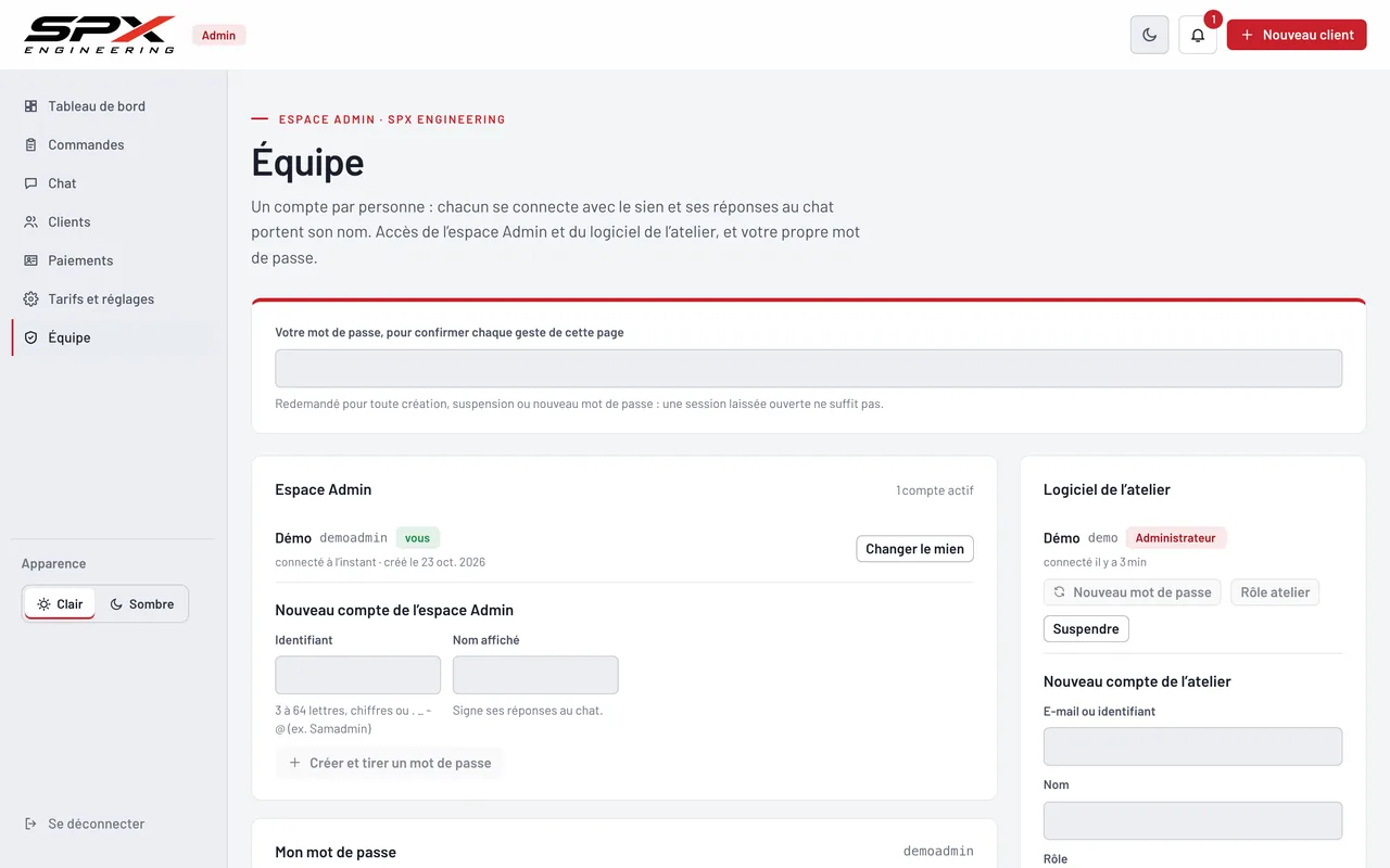 Écran « L’équipe » du logiciel SPX Engineering, sur ordinateur.