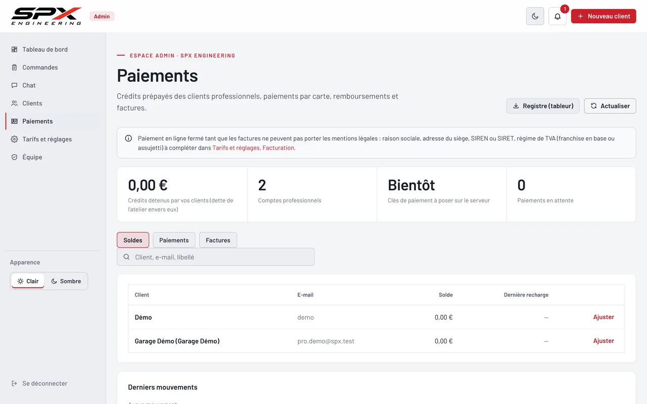 Écran « Les paiements » du logiciel SPX Engineering, sur ordinateur.