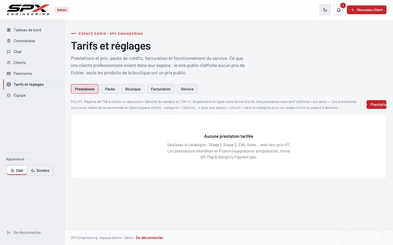 Écran « Tarifs et réglages » du logiciel SPX Engineering, sur ordinateur.