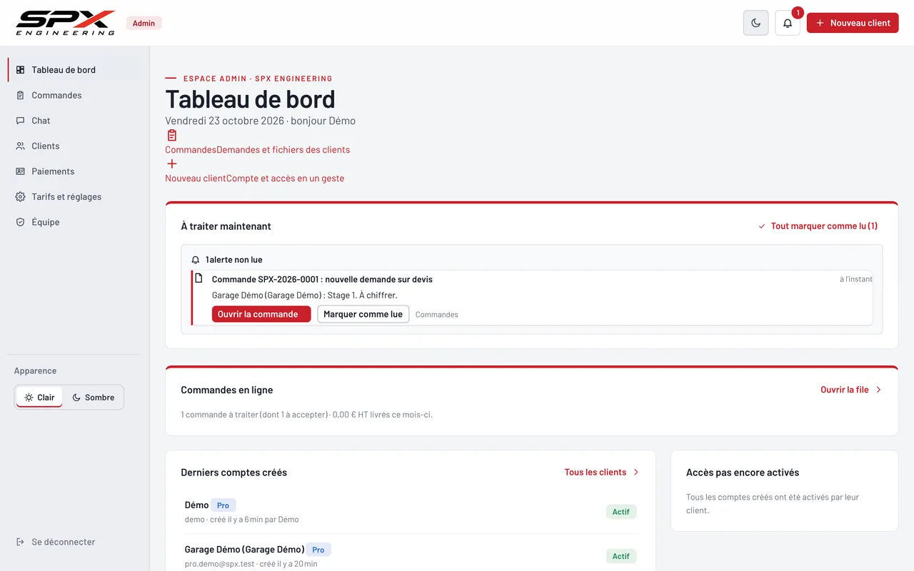 Écran « Le tableau de bord » du logiciel SPX Engineering, sur ordinateur.