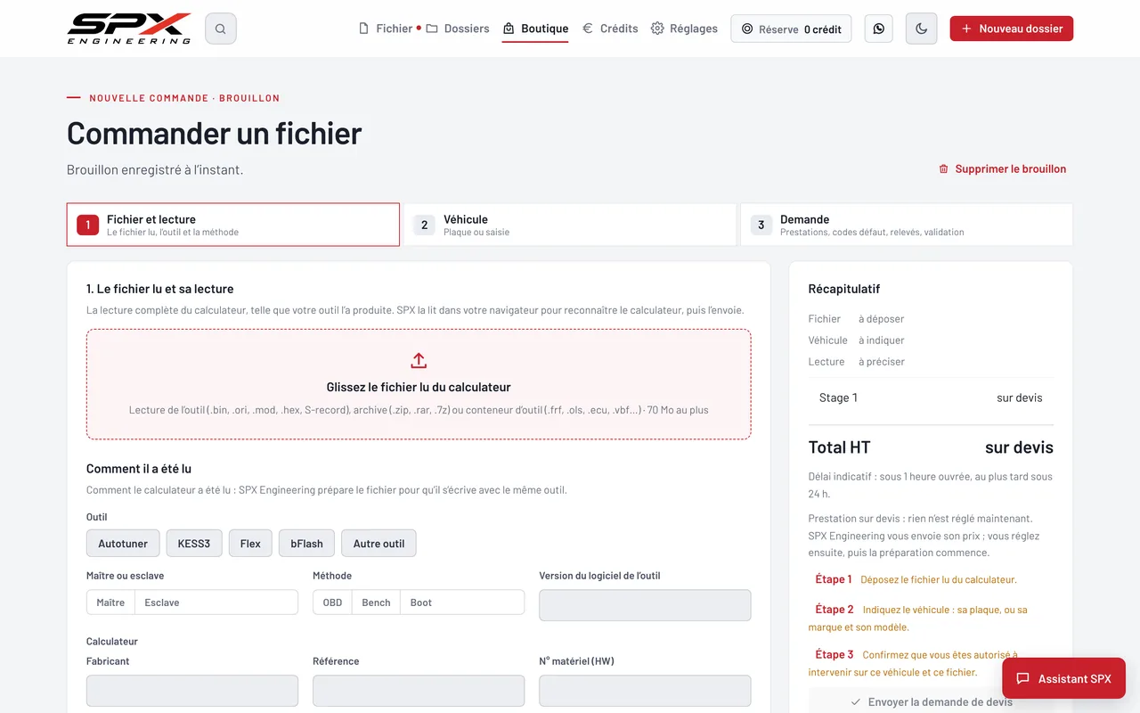 Écran « Commander un fichier » du logiciel SPX Engineering, sur ordinateur.