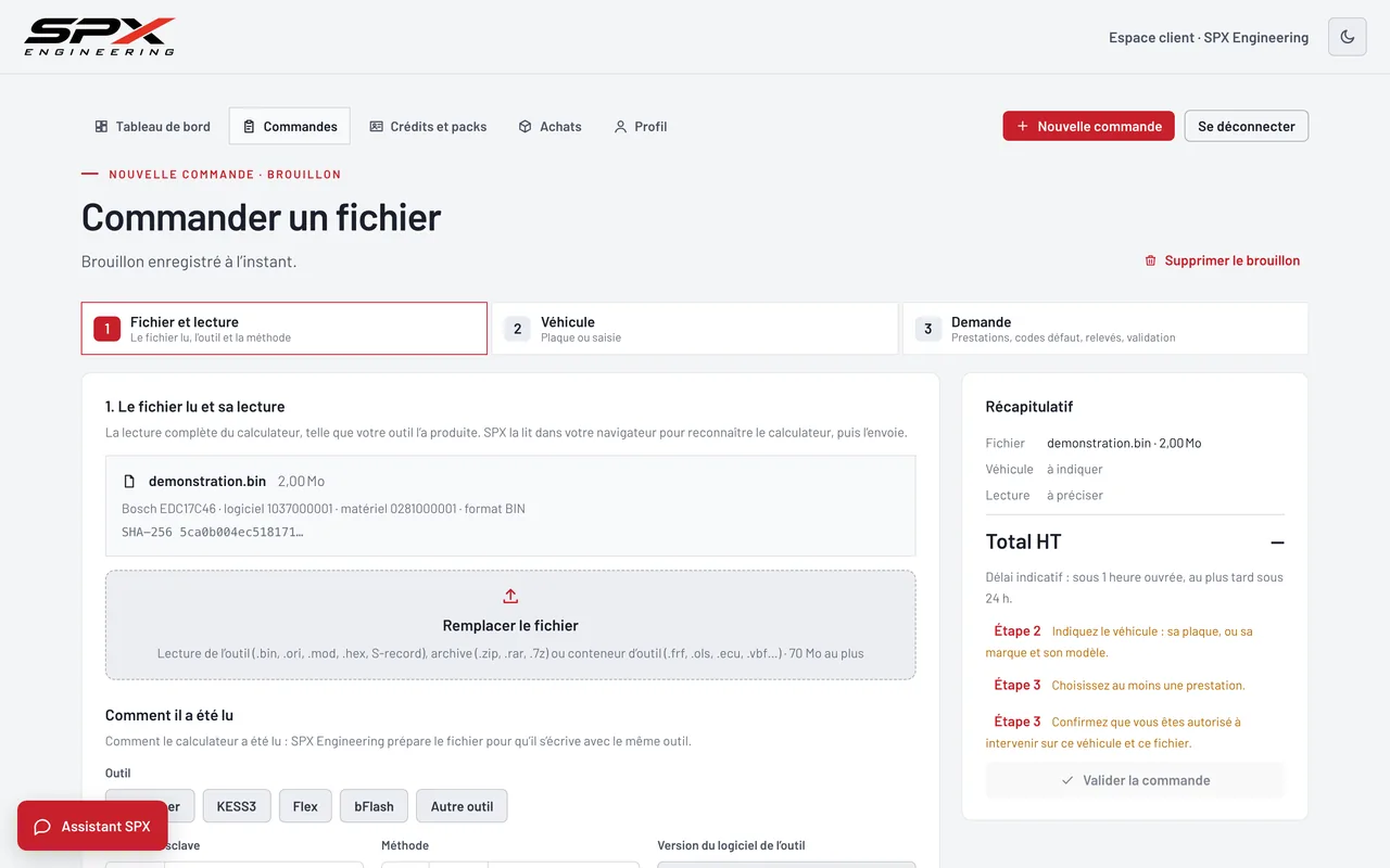 Écran « Étape 1 · Fichier et lecture » du logiciel SPX Engineering, sur ordinateur.