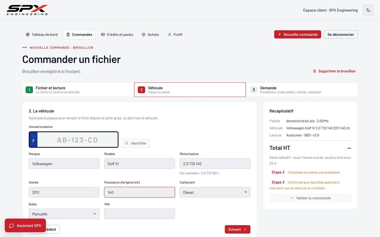 Écran « Étape 2 · Véhicule » du logiciel SPX Engineering, sur ordinateur.