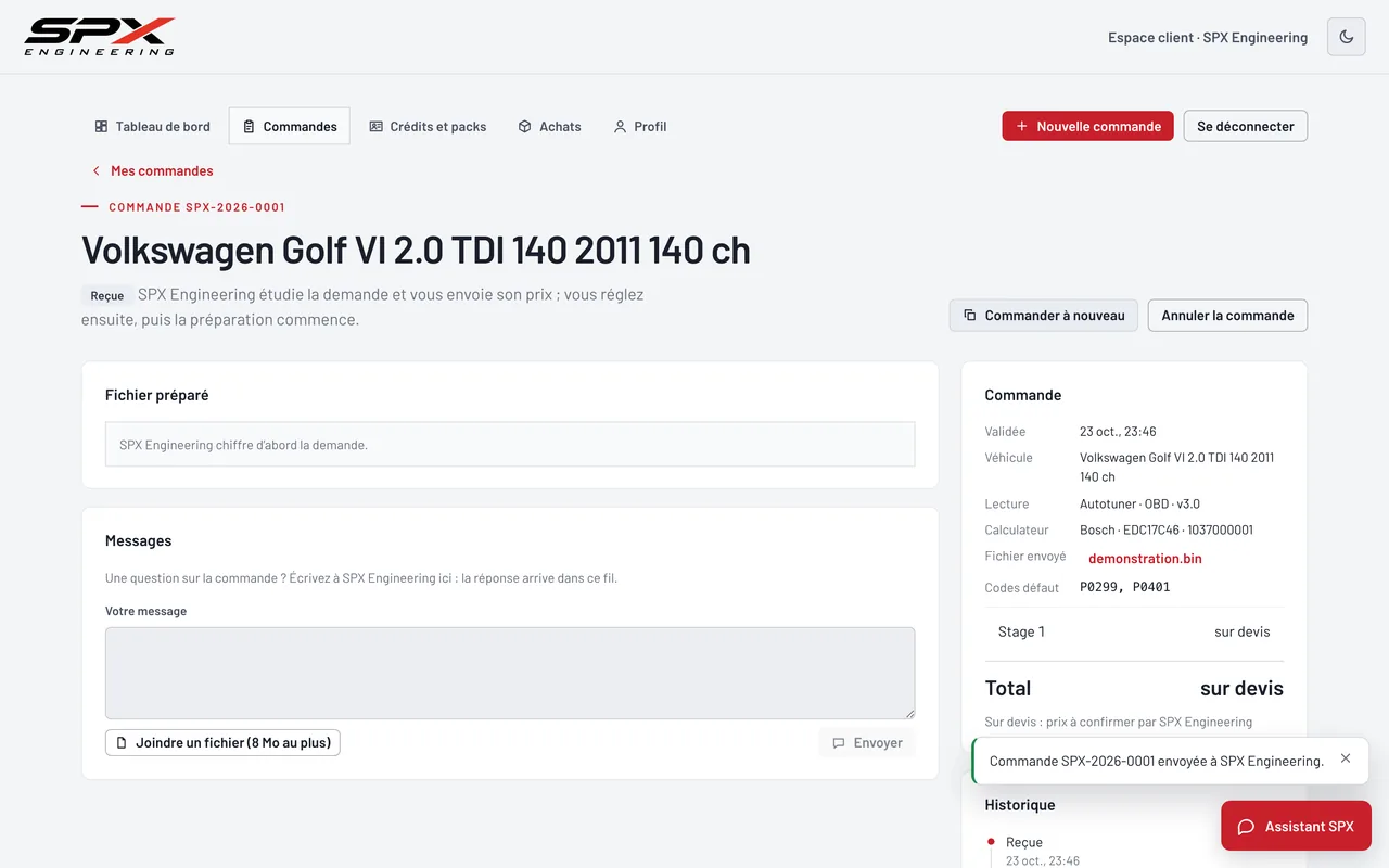 Écran « La commande, créée » du logiciel SPX Engineering, sur ordinateur.